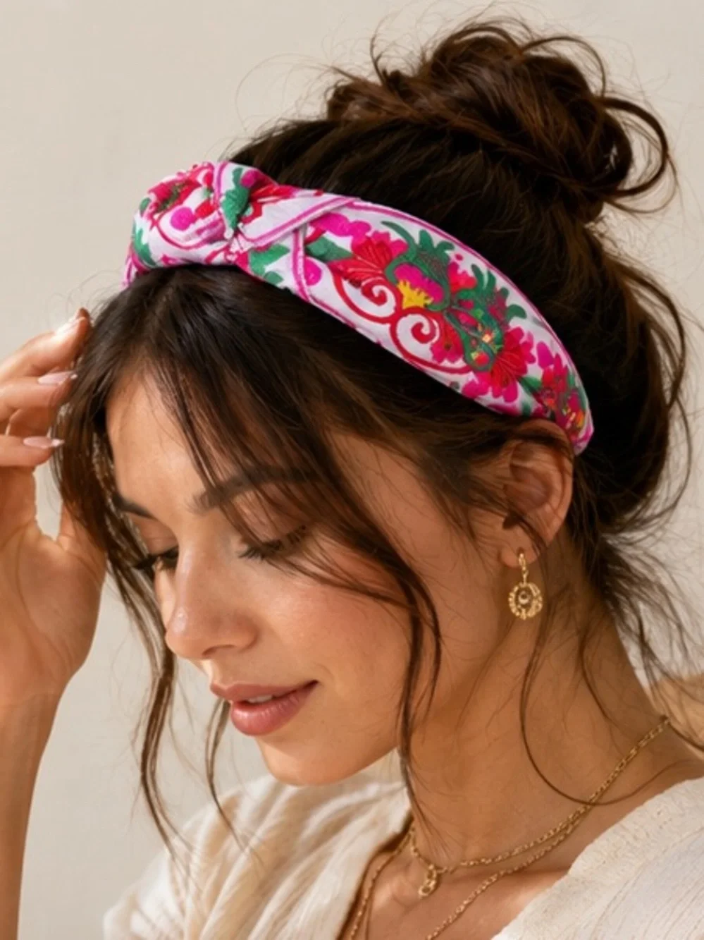 Pink Floral Embroidered Knotted Headband Boho Statement Hair Accessory